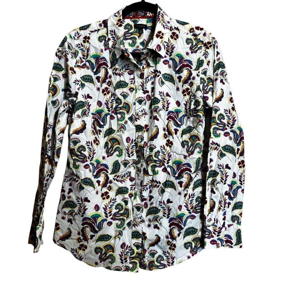 Talbots Top Women Medium Multicolor Floral Cotton Collared Button Up Blouse